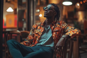 Obraz premium Cool African Man Relaxing in Chair, Sunglasses, Fashionable Outfit, Indoors, Looking Upward