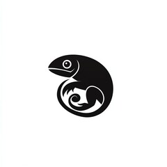 Fototapeta premium Elegant Chameleon Logo Design A minimalist black silhouette of a chameleon curled into a circular shape against a stark white background