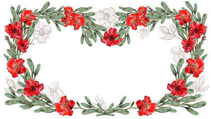 Watercolor frame with red flower, pansies and green meadow plants