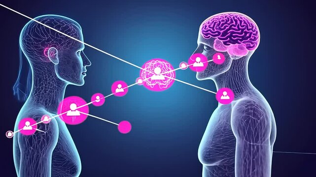 Two digital figures connecting through a neural network, symbolizing communication and interaction