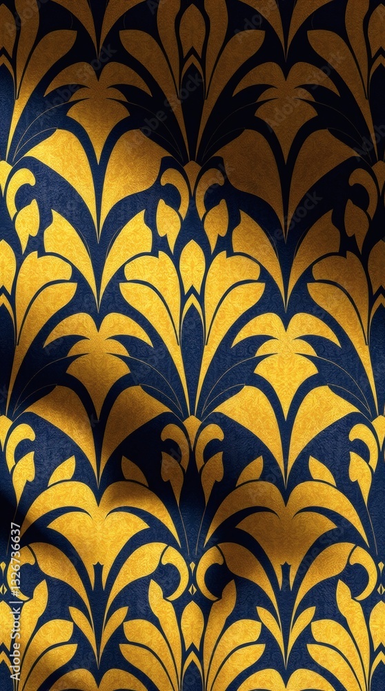 Poster an elegant artistic seamless floral pattern with navy and yellow color scheme. The pattern repeats in a symmetrical design and has a vintage look