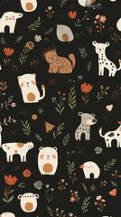 a pattern design with adorable cartoon animals and flowers on a dark background