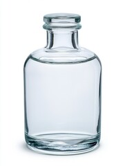 Clear glass bottle on white background, studio shot. Empty, cylindrical shape with a slightly rounded base and a simple cap.