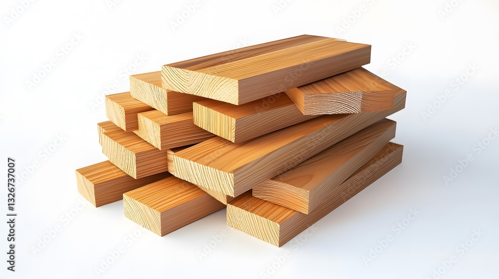 Poster Stack of wooden planks creating interesting shapes on white background
