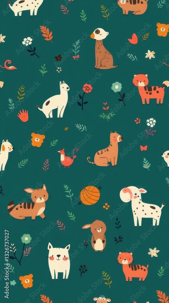 Aufkleber a whimsical pattern filled with various cartoon animals and floral elements, creating a playful and 