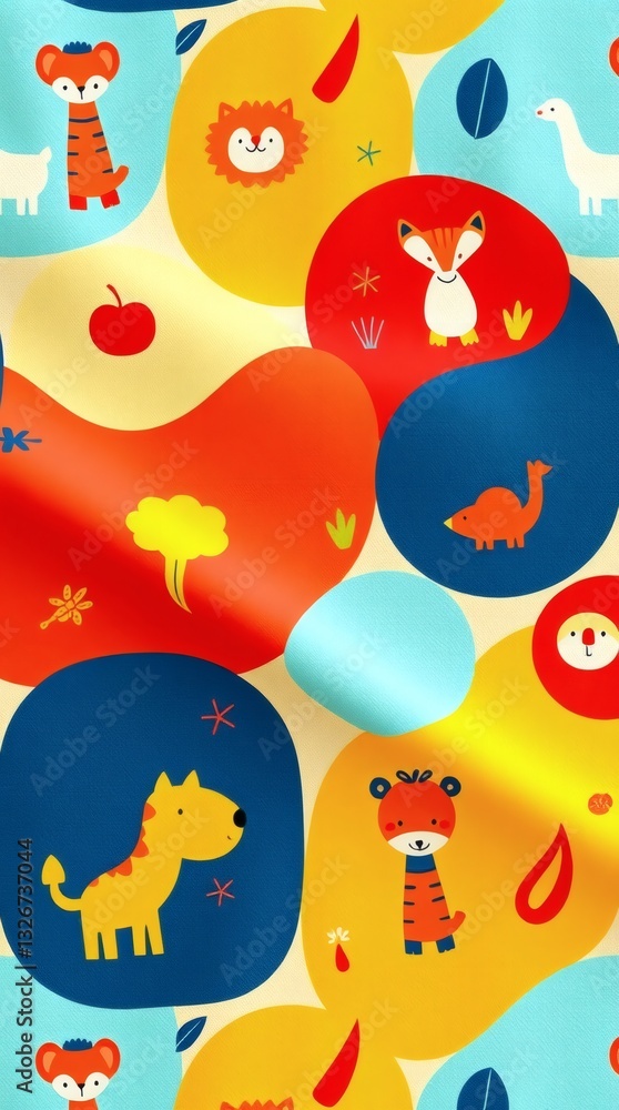 Poster colorful abstract pattern with various cute cartoon animals and abstract shapes 