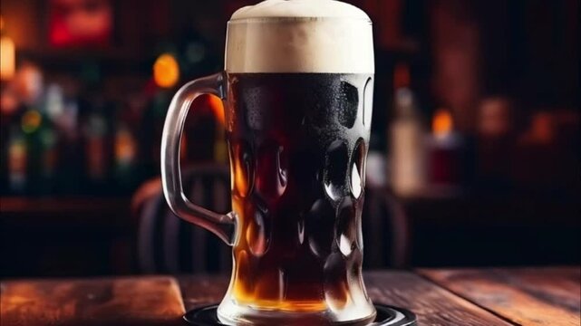 German beer in large glass mug for celebration holiday Oktoberfest, abstract vivid composition consists of background for diverse creative work