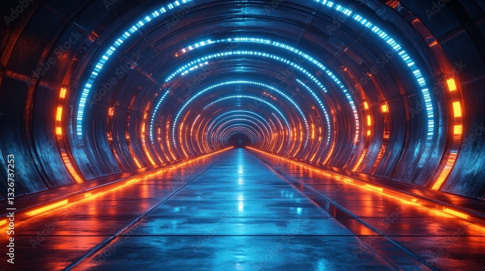 Poster futuristic neon tunnel with glowing circles geometric design abstract background for cyber space vir