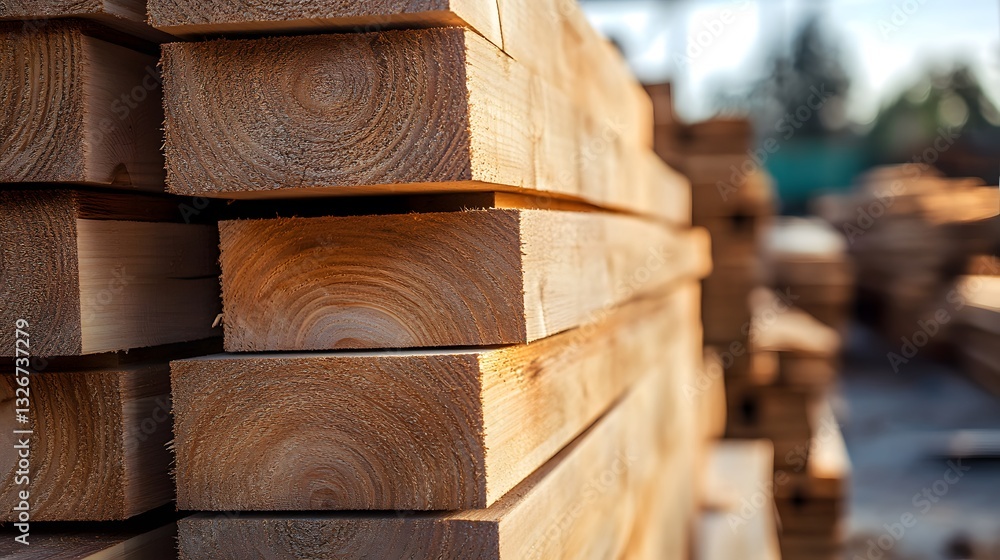 Poster stack of wooden beams creating warm and natural background at lumber yard
