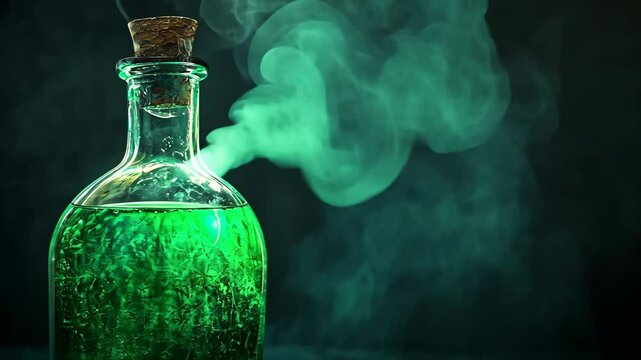 Enigmatic green potion emits mysterious vapor in glass bottle with cork stopper