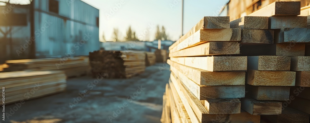Poster stack of building lumber at sawmill during sunset