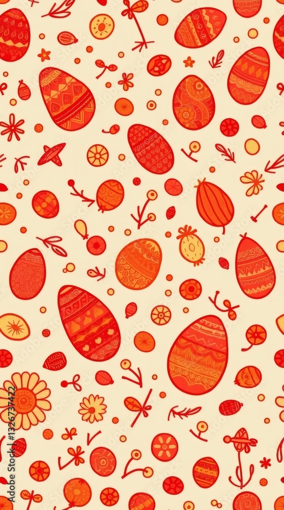 Poster colorful easter eggs and floral elements arranged in a pattern on light beige background. it represe