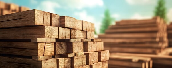 Stack of wooden beams forming a big pile of timber in a lumberyard