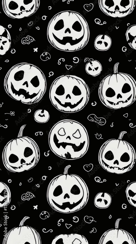 Poster a spooky halloween pattern with grinning jack-o'-lanterns on black backdrop