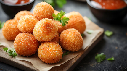 Golden, crispy croquettes served on wooden board with fresh parsley garnish, accompanied by dipping sauces in black bowls. crunchy texture and warm filling make them delicious appetizer