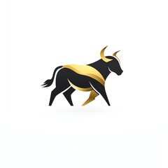 Fototapeta premium Majestic Bull, elegant gold accents, striking black silhouette against a pristine white background. A powerful, minimalist design.