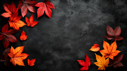A vibrant arrangement of autumn leaves in shades of red and orange, set against a dark background, creating a seasonal and artistic display.