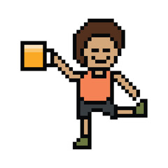 Fototapeta premium Cute pixel cartoon 8bit character man drink beer alcohol party hangout lifestyle decoration life style 8 bit male boy drinking beer isolated png vector.