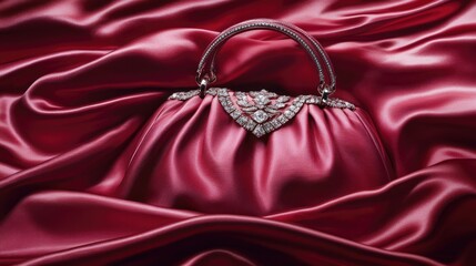 High-end diamond handbag displayed on a red satin fabric with soft ripples