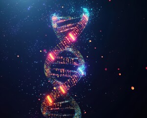 Obraz premium Digital DNA helix with neon lights and binary code, biotech cyber innovation