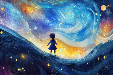 Fototapeta premium A small figure stands before a swirling starry sky background