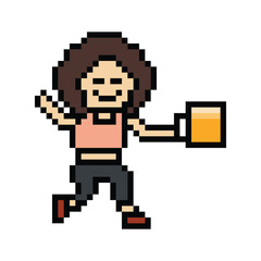 Fototapeta premium Cute pixel cartoon 8bit character woman drink beer alcohol party hangout lifestyle decoration life style 8 bit female girl drinking beer isolated png vector.