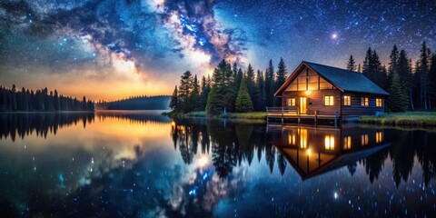 Fototapeta premium Cabin by serene lake with starry night sky reflection, peaceful lake