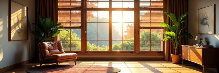 Elegant studio, large window with wooden blinds, decor, window treatment, home