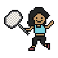 Cartoon pixel character cute woman lady exercise training play badminton tennis lifestyle decoration life style 8 bit female girl game badminton 8bit fitness isolated PNG vector.