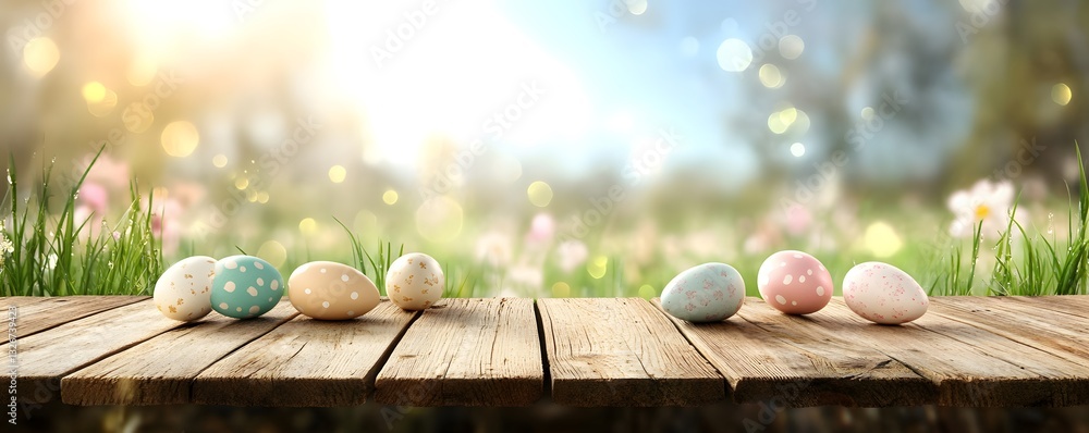 Poster easter eggs resting on a wooden table in a blooming spring meadow