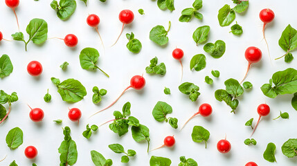 Fresh radishes and vibrant green leaves are scattered on white background, creating lively and colorful pattern