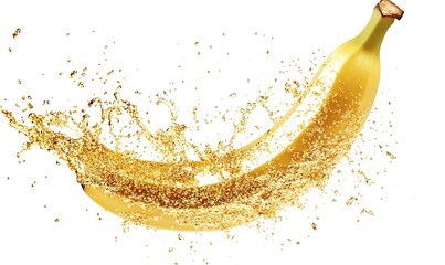 A yellow banana with a golden liquid splash effect