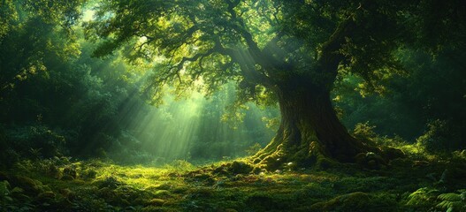 Obraz premium Lush Green Rainforest Scene with Ancient Tree Trunk and Serene Ambiance