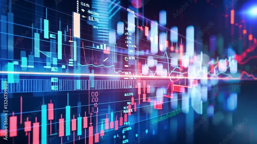 Poster dynamic digital display of stock market data with colorful graphs and charts illustrating financial 