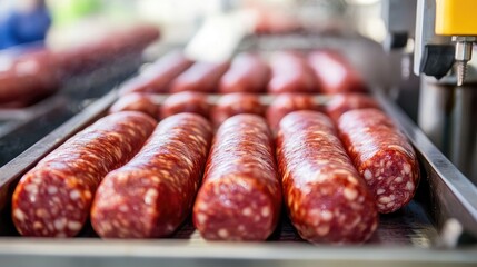 Industrial sausage production line with raw meat filling machines and casings
