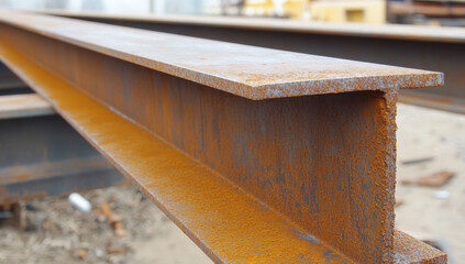 Steel beams show significant rust and wear, highlighting their exposure to the elements at a construction site during daytime. The details reveal the effects of time on metal structures