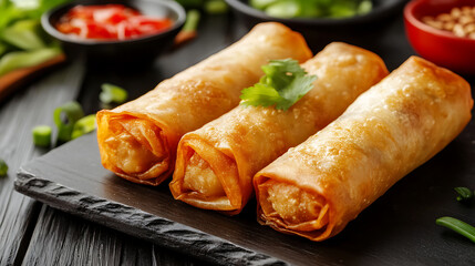 Crispy golden egg rolls served on black slate plate, garnished with fresh cilantro. rolls have crunchy texture and are accompanied by dipping sauces and chopped green onions