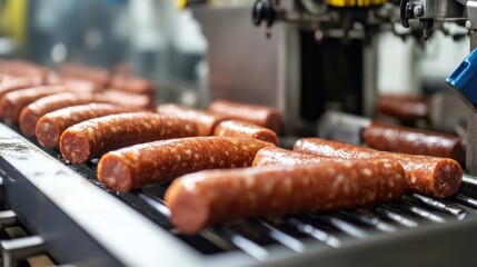 Industrial sausage production line with raw meat filling machines and casings