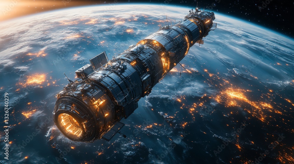 Poster a sophisticated spacecraft orbits earth, equipped with transponders and ai technology. it emits sign