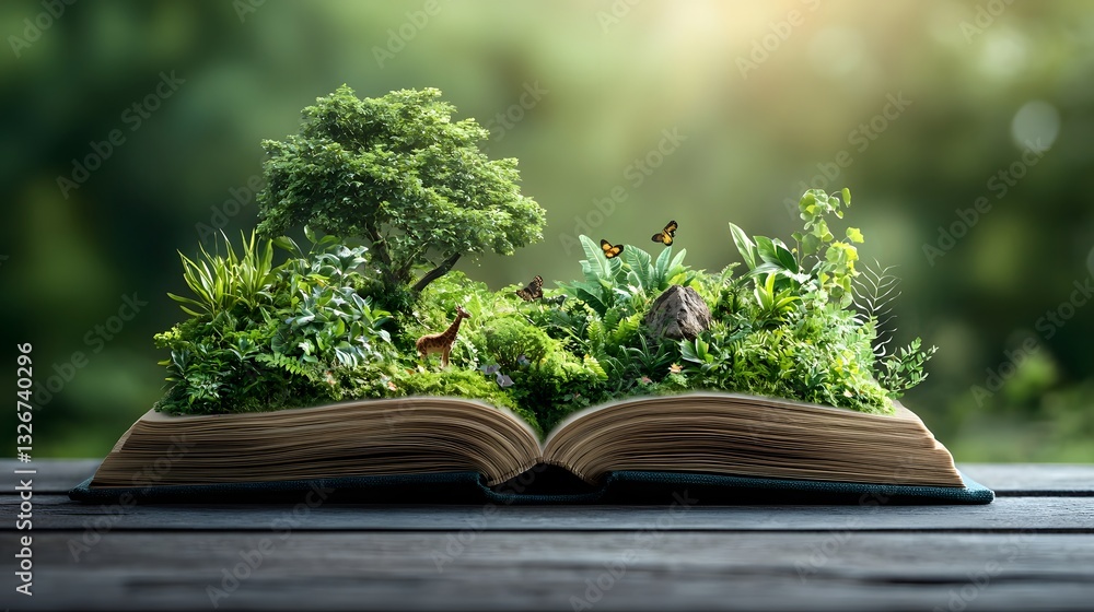 Aufkleber a captivating image depicting an open book from which a vibrant lush tropical rainforest with divers