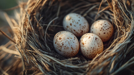Obraz premium Speckled bird eggs rest in carefully woven nest made of dried grass and twigs, bathed in warm natural light, evoking sense of tranquility and nature delicate beauty