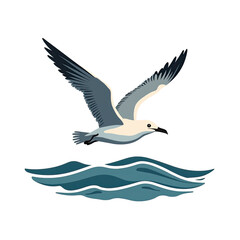 Obraz premium Illustration of a seagull flying over stylized ocean waves, isolated on transparent background