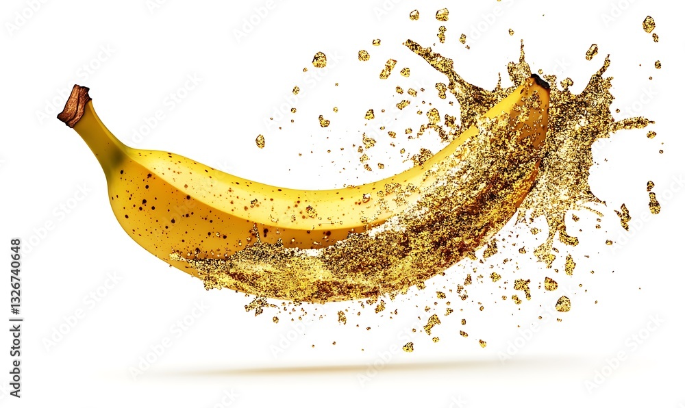 Poster a yellow banana splitting open with a golden splash effect