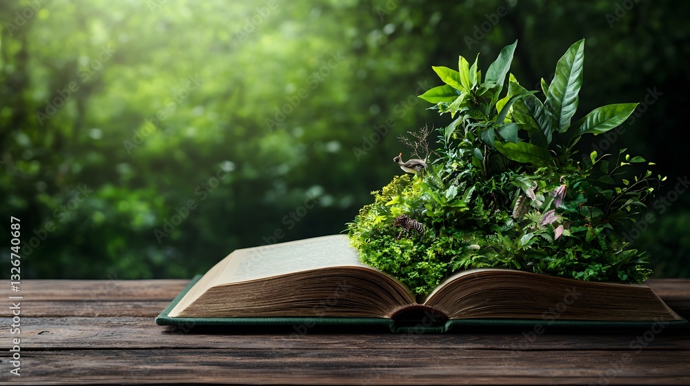 Aufkleber a captivating image of an open book where a vibrant lush tropical rainforest with diverse wildlife a