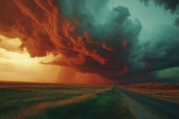 Naklejka premium A dirt road in a field with a tornado in the background