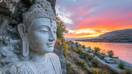 A serene Buddha statue overlooks a tranquil river at sunset, with vibrant colors illuminating the sky and surrounding landscape.