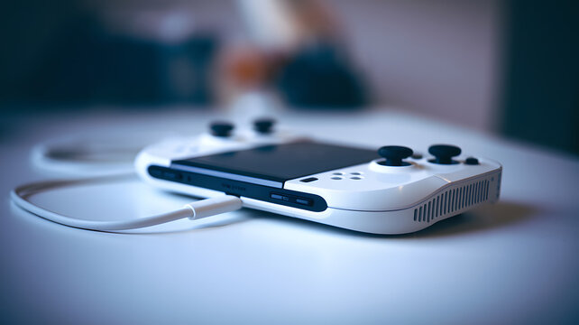 Portable gaming device with charging cable placed on a wooden table, showcasing modern gaming convenience and portable entertainment technology.