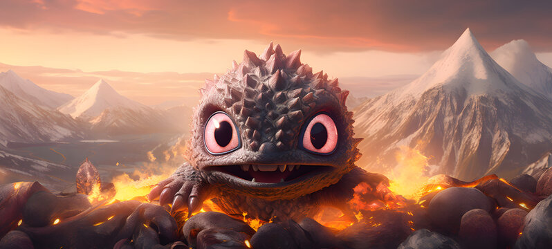 Cute Tirex baby with adorable eyes, exploding mountain in the background, ai generative