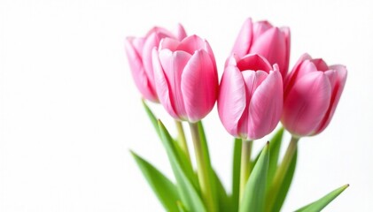 Fototapeta premium Five delicate pink tulips, tightly clustered, isolated on pure white , nature, soft, white background