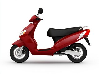 Crimson red motor scooter with black seat, isolated on white background. Studio shot of a modern two wheeled vehicle.